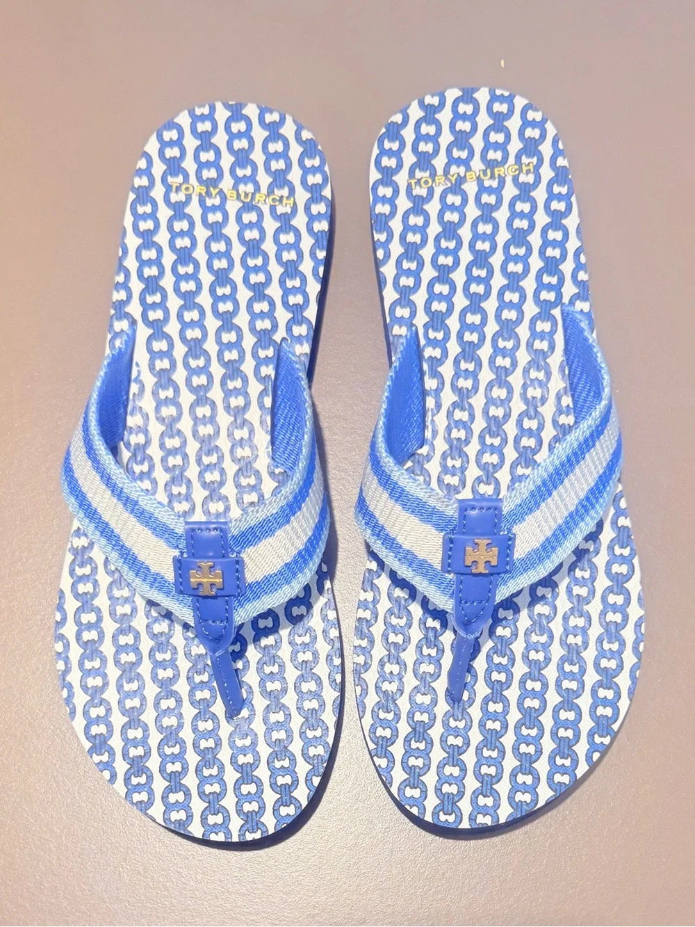 Tory Burch Gemini Link Stripe Fabric Flip Flop Blue White Size 8